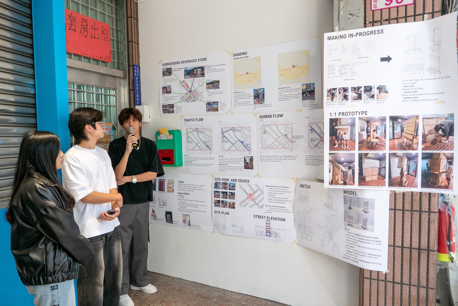 中原大學學生為中原商圈飲料店設計兼具折疊椅和吧台桌功能的家具，獲得店家好評。