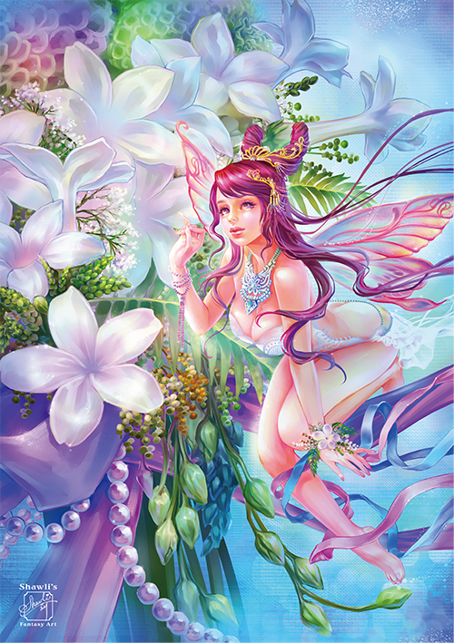 「千金子藤花」常被用作新娘的捧花，也作為祝賀朋友新婚的創作。