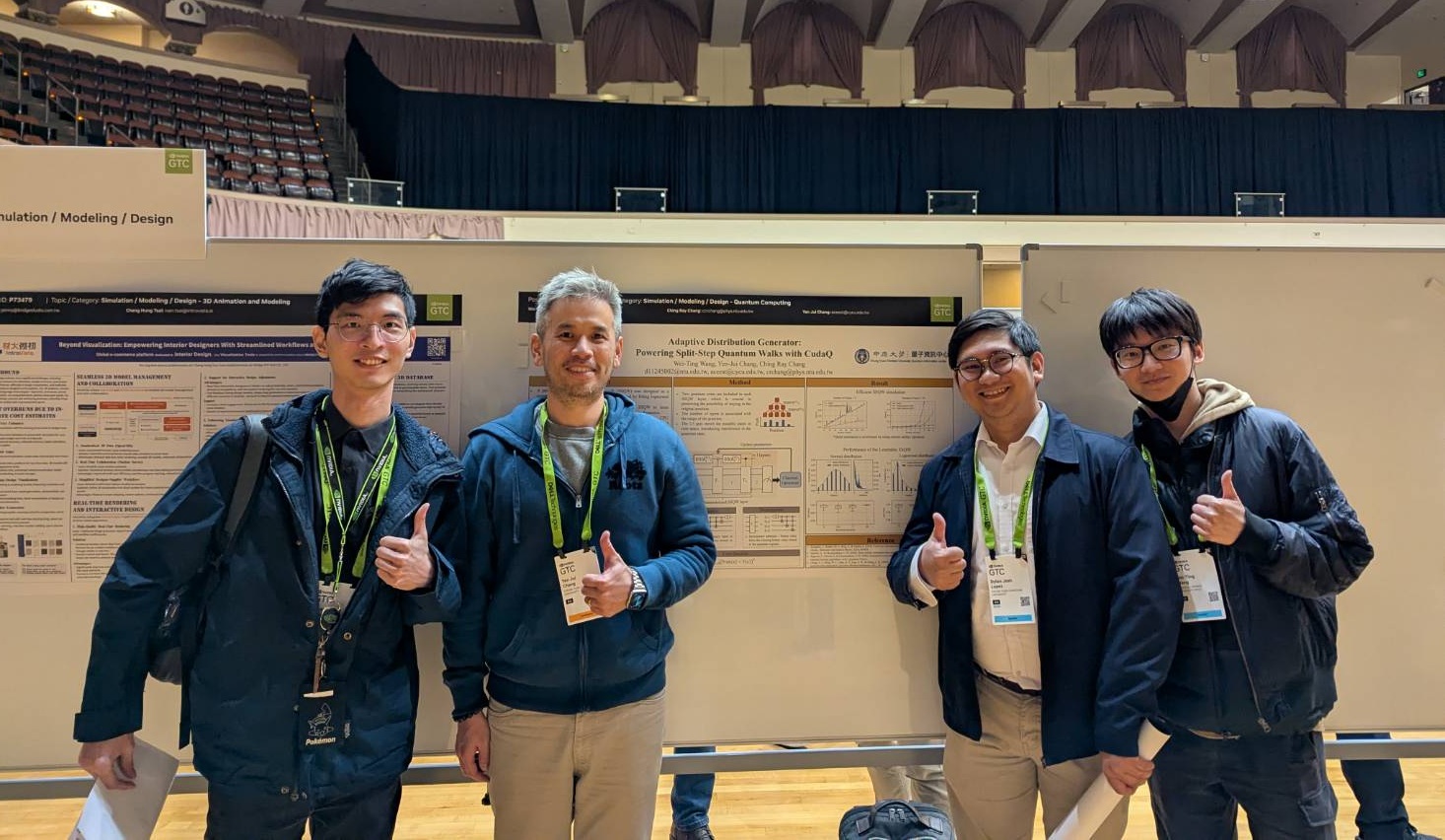 張晏瑞教授(左2)與中原大學電機系博士生迪倫(右2)至GTC 2025發表研究成果。