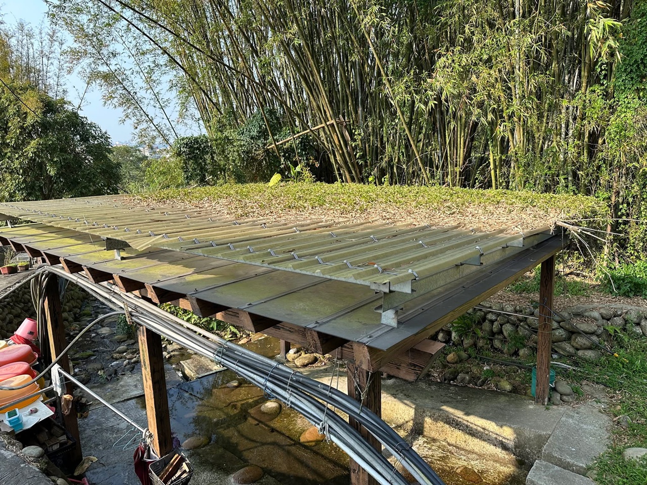 改造前的洗衫坑屋頂堆積落葉，不僅變形、漏水，而且管線雜亂，空間顯得陰暗老舊。