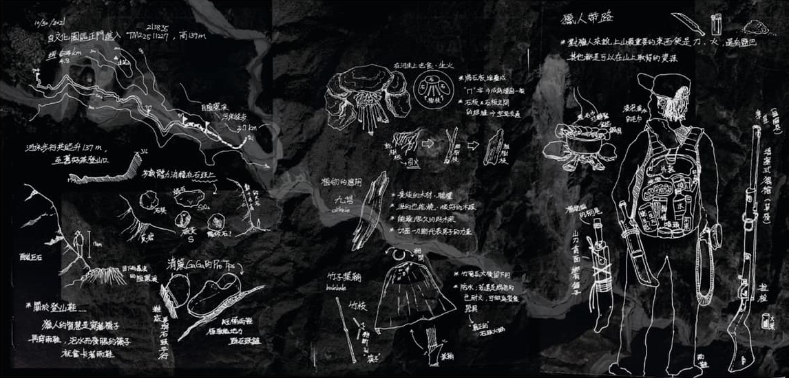 陳新用細膩觀察力將世代口傳下的原住民部落再現，手繪出打獵攜帶的配備、行經必要水源等動態文化地景。