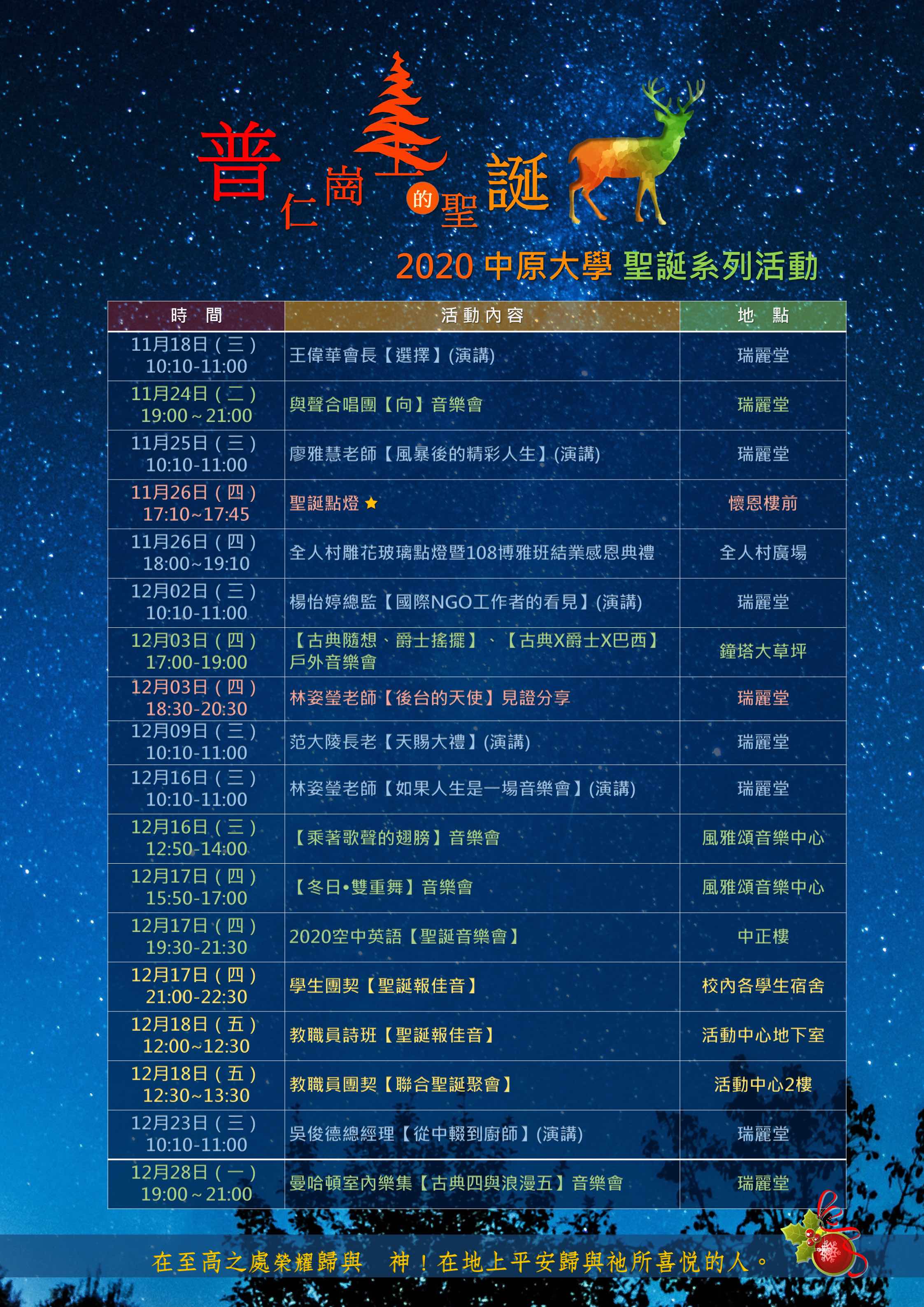 中原大學舉辦一系列聖誕活動慶祝節日的到來，夜間聖誕點燈則於每天下午5時至晚上10時亮燈